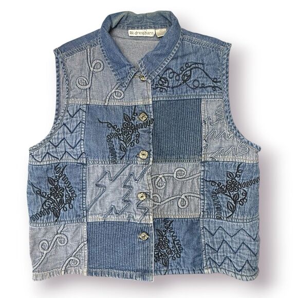 Dressbarn Denim Quilted Patchwork Vest Womens XL Embroidered Grandmacore Cottage - Picture 1 of 10